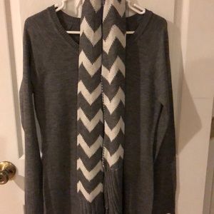 Grey sweater dress with scarf